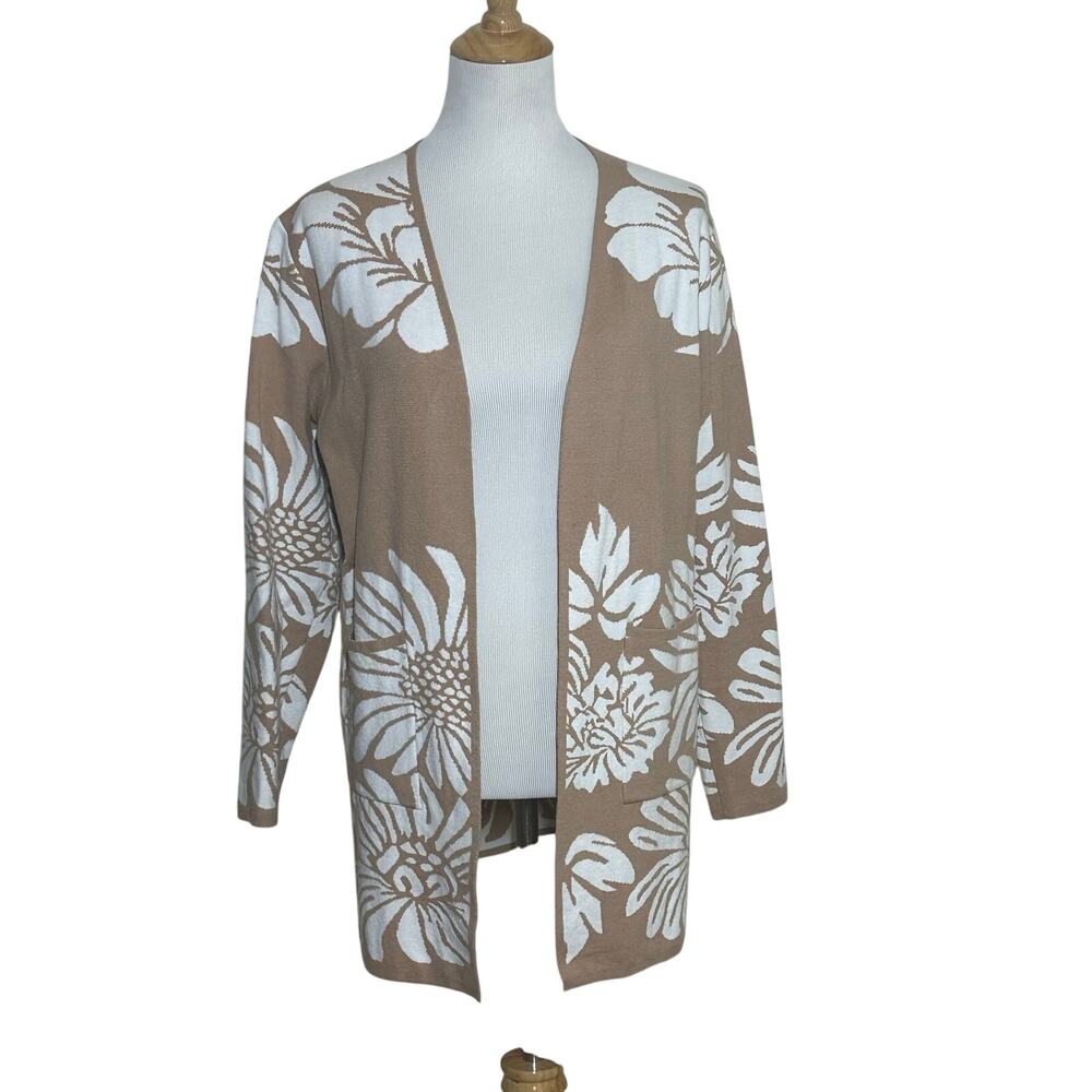 Anthropologie Sioni Patterned Open Front Floral Cardigan Tan and White Sz Medium